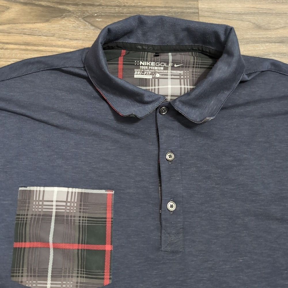 Nike Golf Tour Premium Dri Fit Mens‎ Polo Shirt Slate Blue Plaid Size L Wool M13